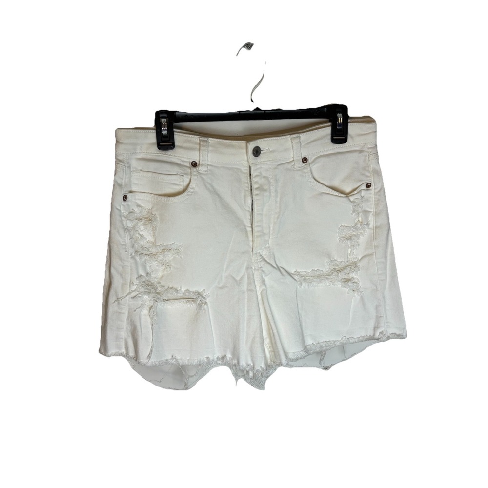 American Eagle Shorts Women's 12 White Hi-Rise Distressed Stretch Denim Mom Jean